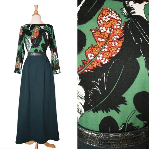 green feather print dress Satin Dress With Feathers in Forest Green main image 1